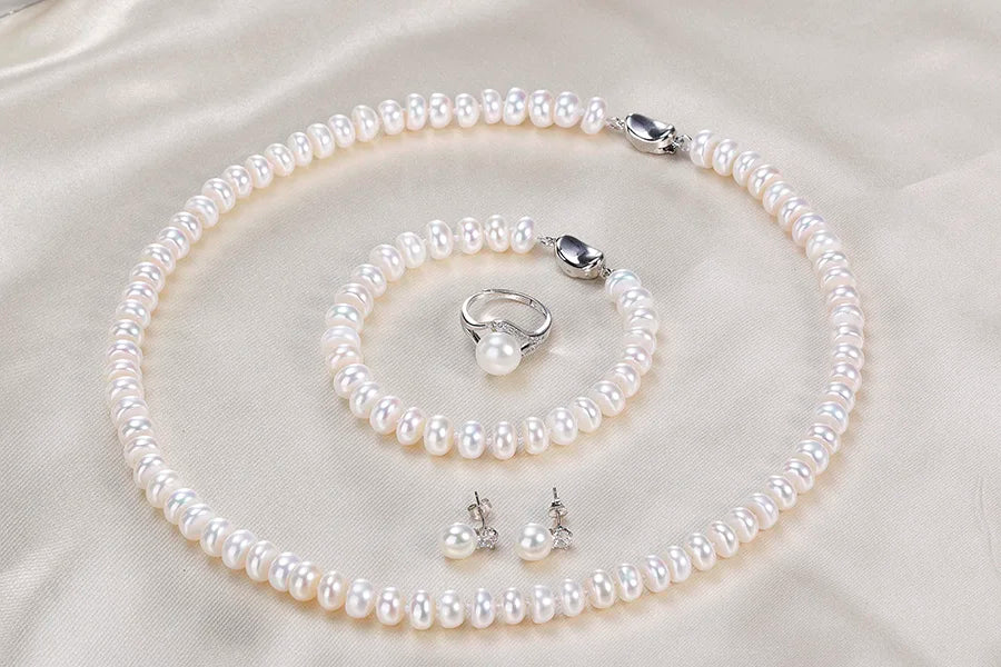 Dainashi 925 Sterling Silver Pearl Jewelry Set For Women Necklace Earrings Ring Bracelet 7 To 8mm Freshwater White