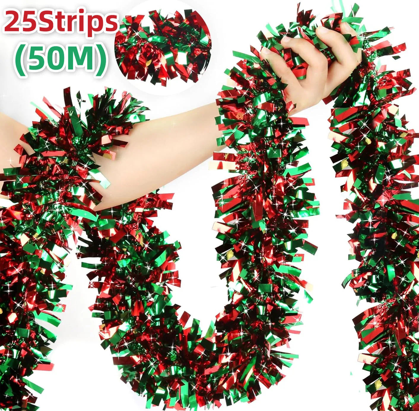 Christmas Tinsel Garlands 50M Red Green Decoration for Bar Tops Wreath Tree