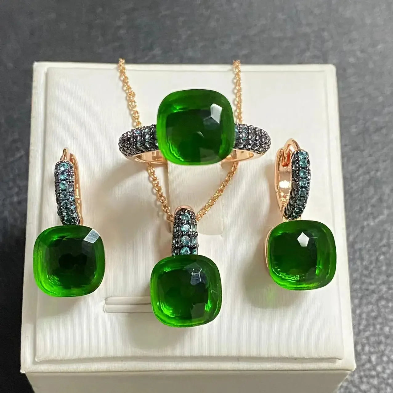 Gun Black Plated Blue Zircon Jewelry Set for Women Includes Ring Earrings Necklace Elegant Crystal Blue Topaz Gift