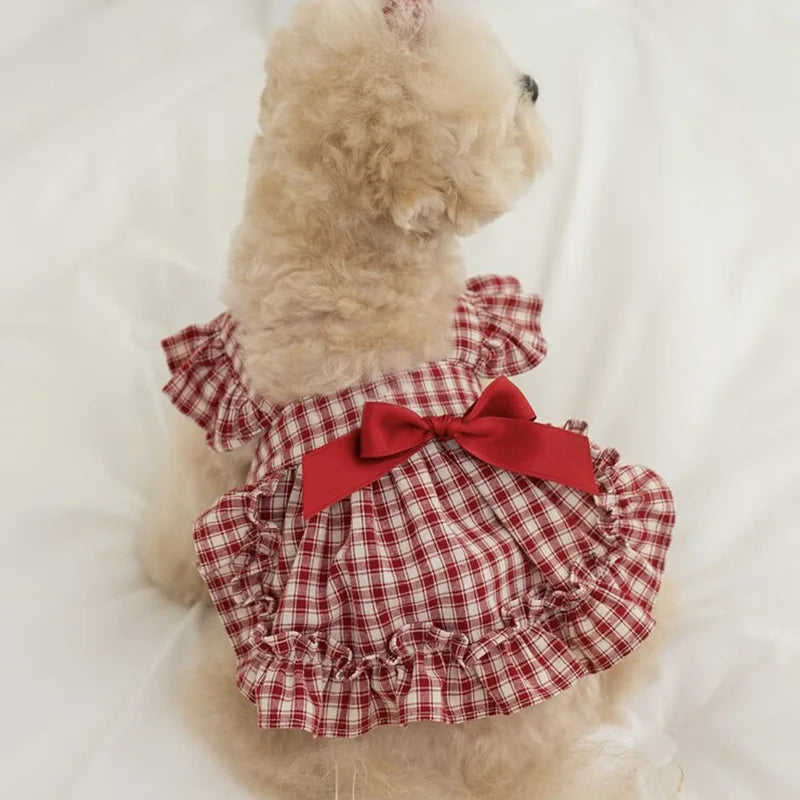 Spring Plaid Pet Dress With Bow For Small Dogs And Cats