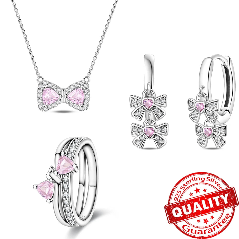 925 Sterling Silver Pink Bow Heart Crystal Jewelry Set Ring Necklace Earrings Romantic Wedding Gift