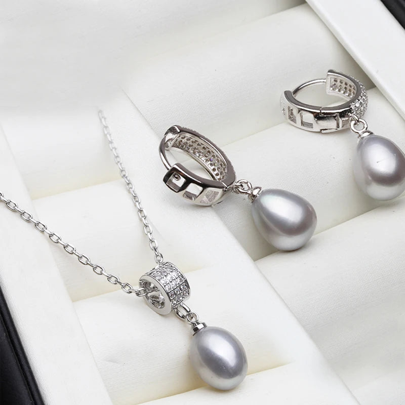 Genuine Natural Pearl Necklace And Earrings Set 925 Silver For Women White Black