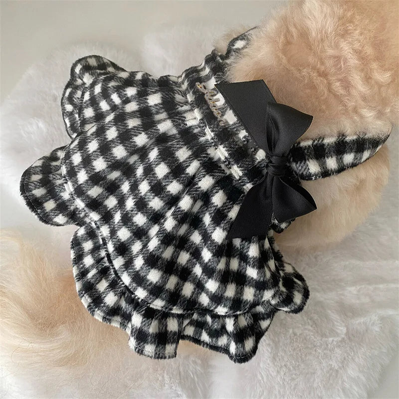Autumn Winter Embroidered Strap Plaid Bow Skirt And Coat For Small Medium Dogs
