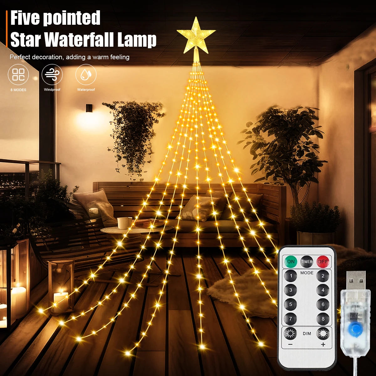 200 280 LED Star Waterfall Lights USB Powered With Remote Control 8 Modes