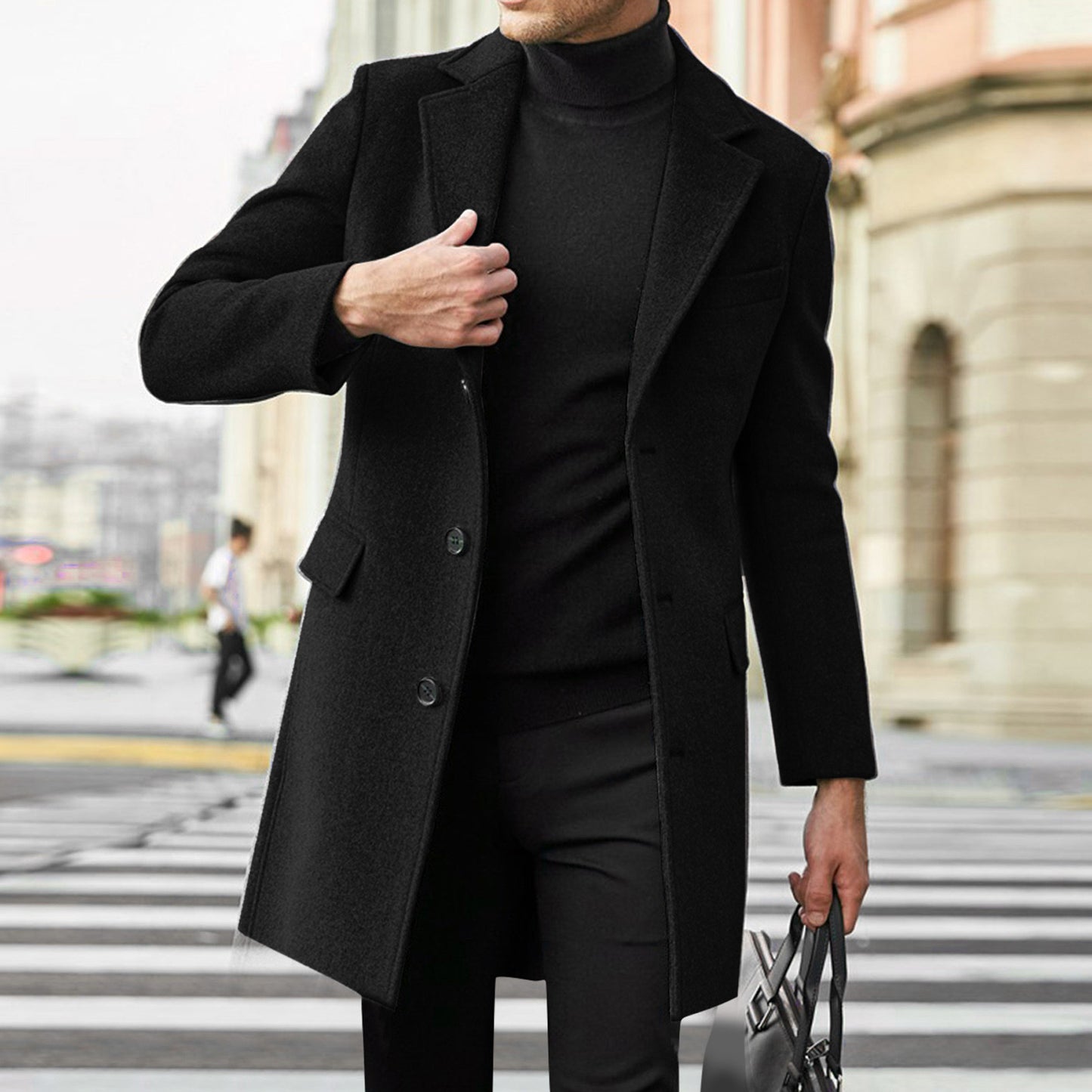 🧥 Men’s Long Sleeve Wool-Style Coat with Suit Collar &amp; Pockets