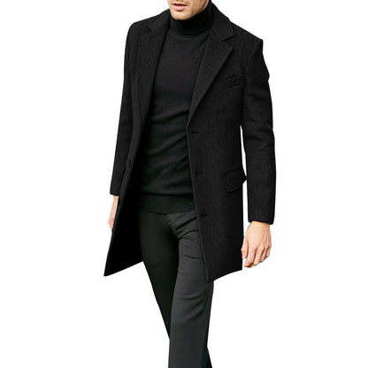 🧥 Men’s Long Sleeve Wool-Style Coat with Suit Collar &amp; Pockets