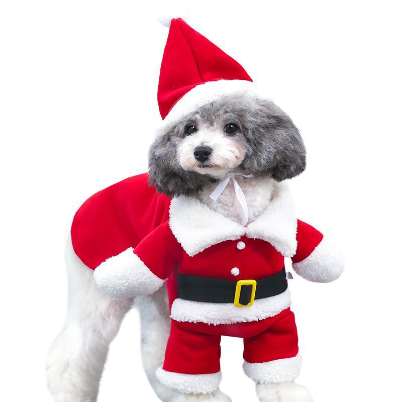 Pet Santa Claus Costume Red Fleece Stretchable Christmas Dress Up