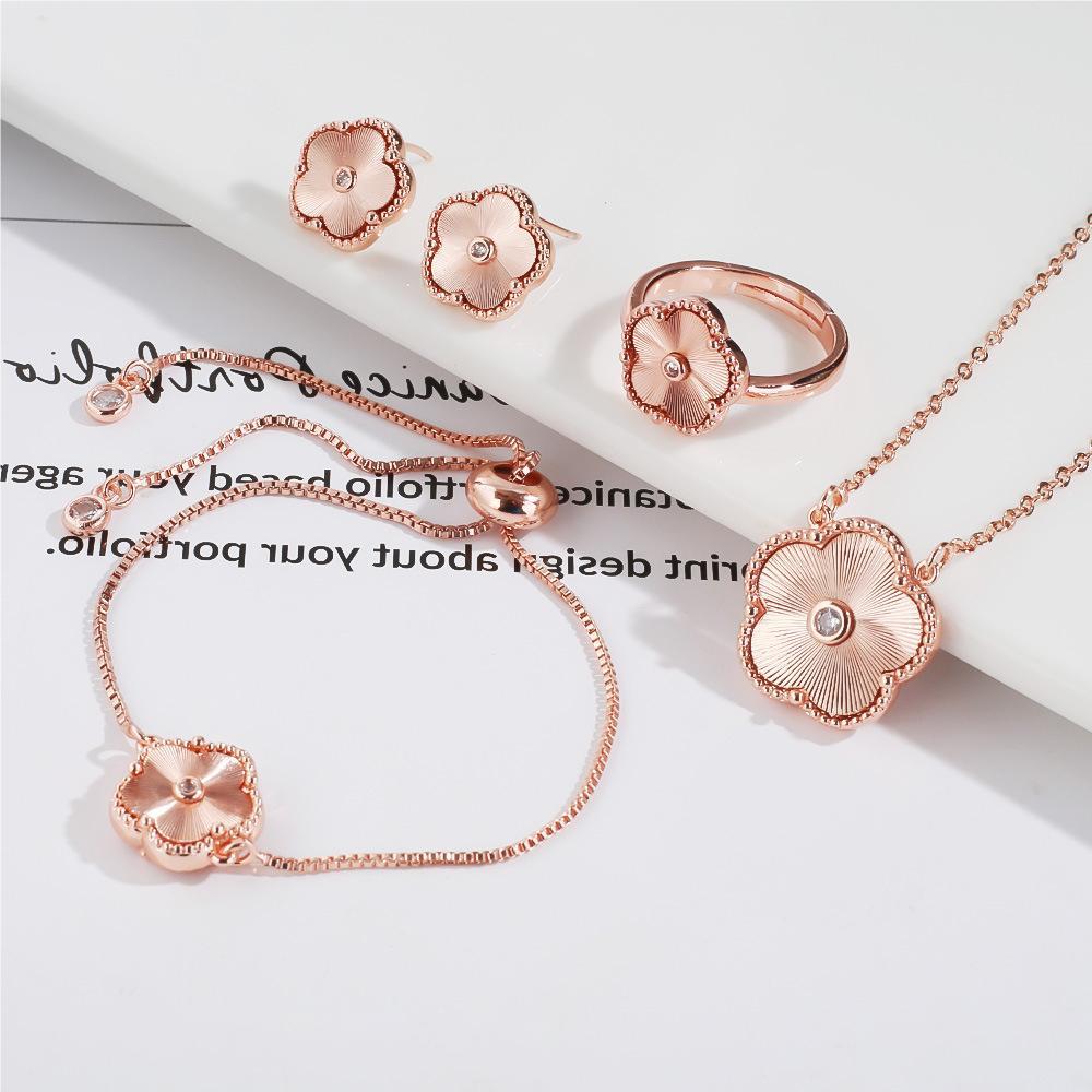 Stainless Steel Floral Jewelry Set Necklace Ring Stud Earrings Gold Rose Silver