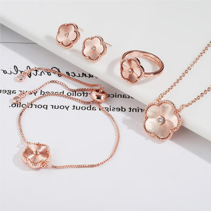 Stainless Steel Floral Jewelry Set Necklace Ring Stud Earrings Gold Rose Silver