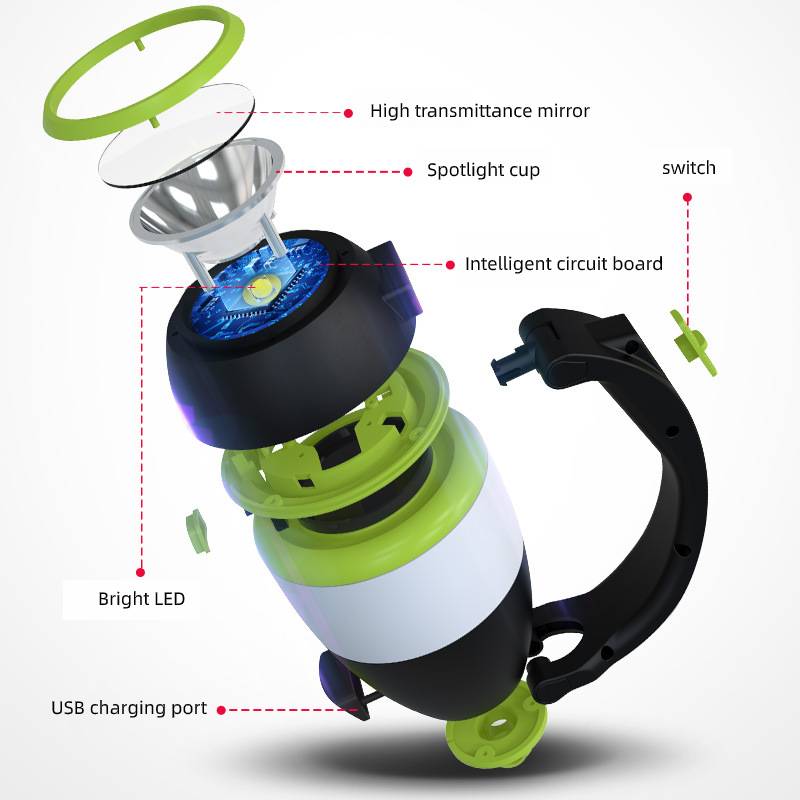 Exploded view of 3-in-1 LED lamp: tent light, table lamp, car flashlight; foldable with USB charging.