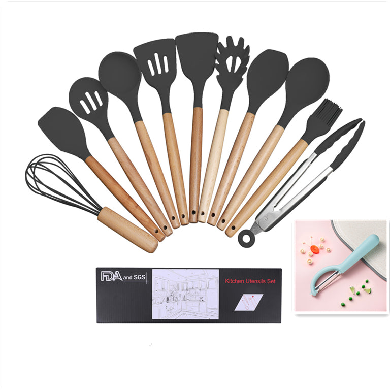 Wooden Handle Silicone Cooking Utensils Set with Spatulas Slotted Spoon Whisk