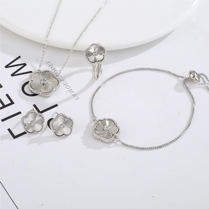 Stainless Steel Floral Jewelry Set Necklace Ring Stud Earrings Gold Rose Silver