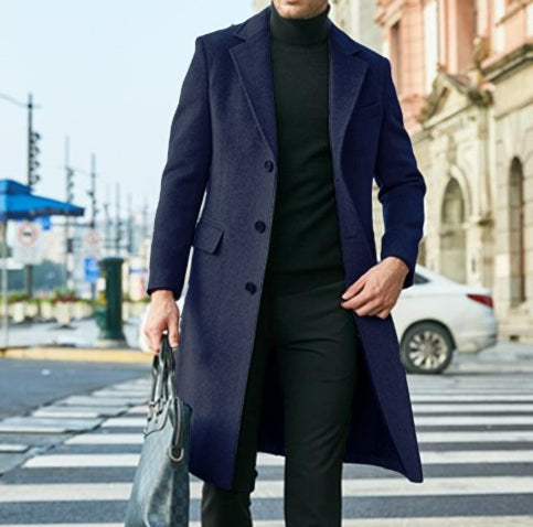 🧥 Men’s Long Sleeve Wool-Style Coat with Suit Collar &amp; Pockets