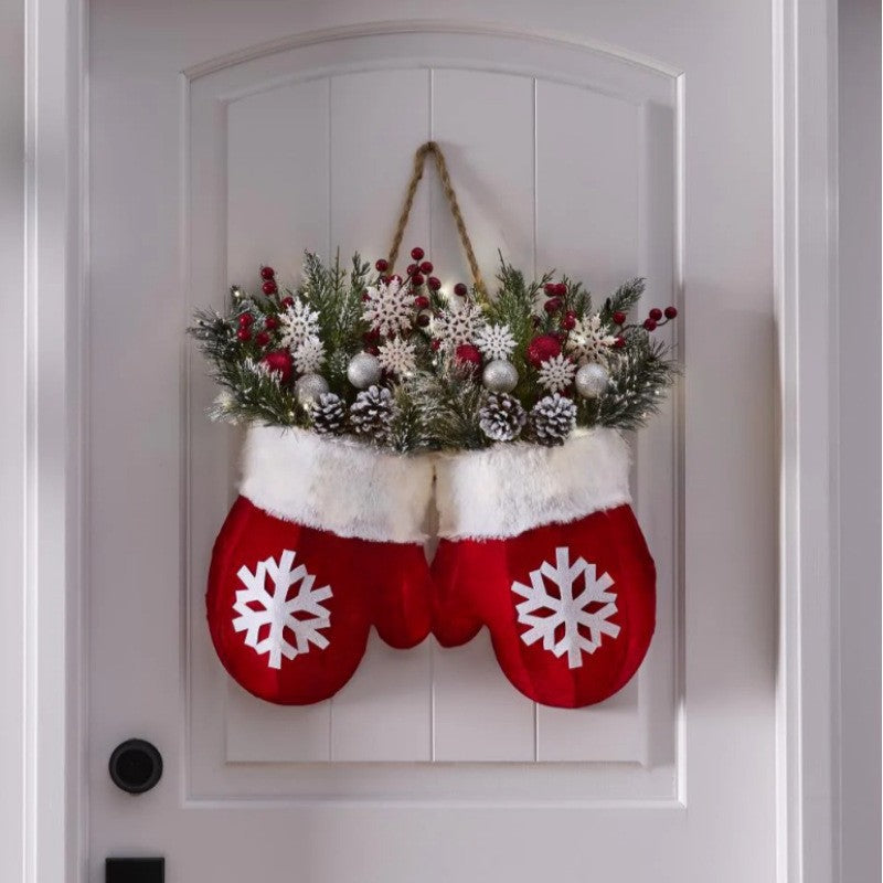 Glove Shaped Christmas Wreath With Lights Simulated Flower Garland Door Sign