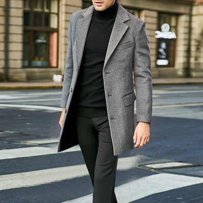 🧥 Men’s Long Sleeve Wool-Style Coat with Suit Collar &amp; Pockets