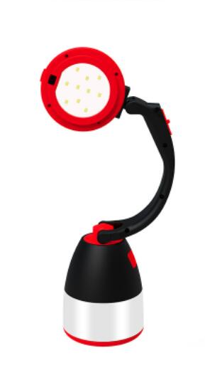 3-in-1 LED table lamp and tent light with foldable neck, red circular LED head, black base.
