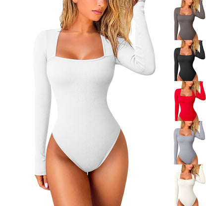 Oumeiya Womens Ribbed Square Collar Jumpsuit Long Sleeve Elastic Waist Casual