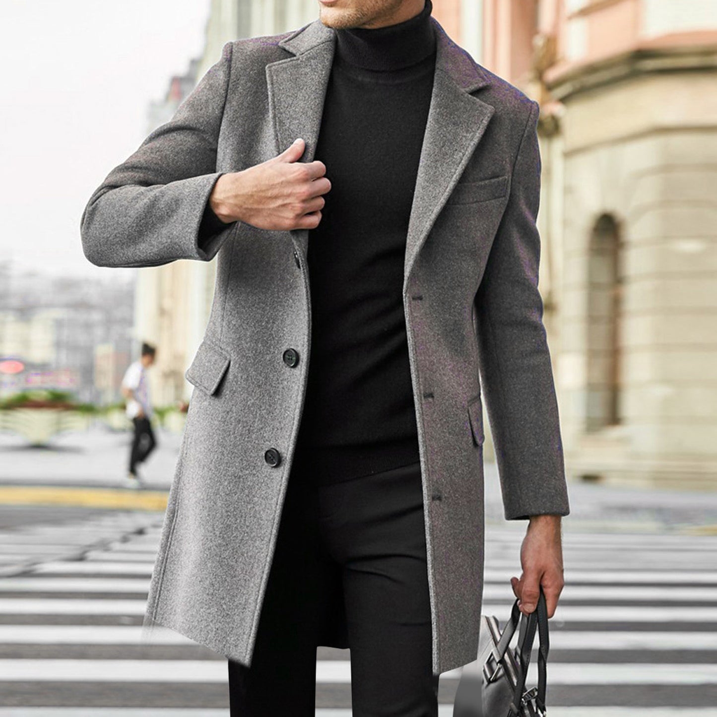 🧥 Men’s Long Sleeve Wool-Style Coat with Suit Collar &amp; Pockets