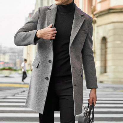 🧥 Men’s Long Sleeve Wool-Style Coat with Suit Collar &amp; Pockets