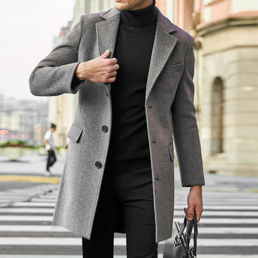🧥 Men’s Long Sleeve Wool-Style Coat with Suit Collar &amp; Pockets