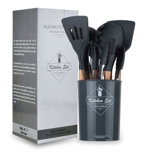 Wooden Handle Silicone Cooking Utensils Set with Spatulas Slotted Spoon Whisk