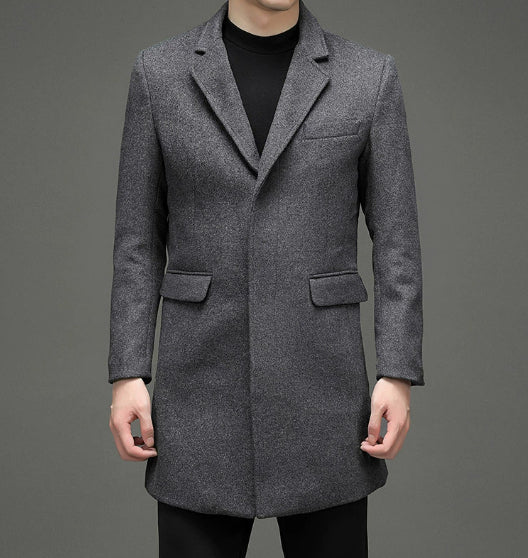 🧥 Men’s Long Sleeve Wool-Style Coat with Suit Collar &amp; Pockets