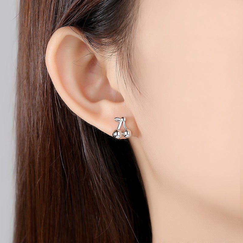 S925 Silver Diamond Cherry Stud Earrings Korean Style For Women