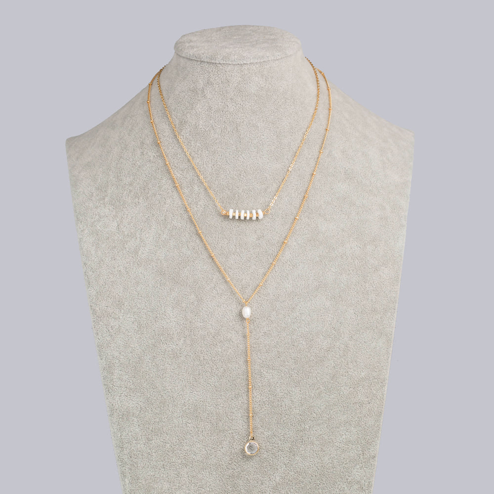 European and American personality jewelry, shell piece clavicle chain, natural pearl, gold edging crystal multi-layer necklace