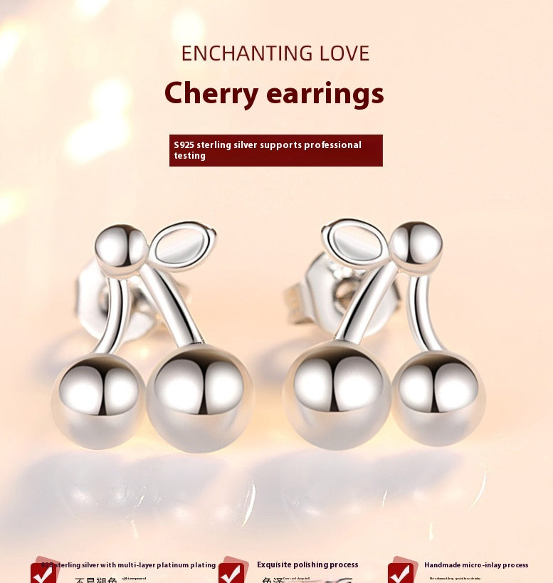S925 Silver Diamond Cherry Stud Earrings Korean Style For Women