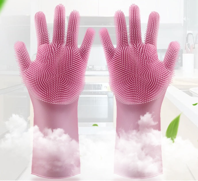 Silicone Heat Resistant Cleaning Gloves With Integrated Scrubbing