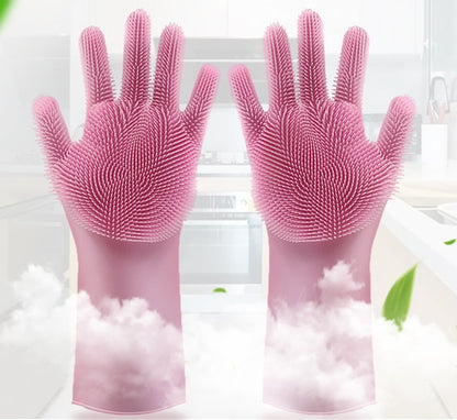 Silicone Heat Resistant Cleaning Gloves With Integrated Scrubbing