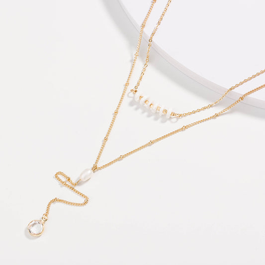 European and American personality jewelry, shell piece clavicle chain, natural pearl, gold edging crystal multi-layer necklace