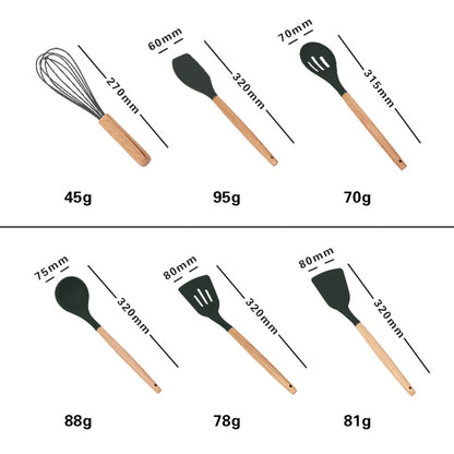 Wooden Handle Silicone Cooking Utensils Set with Spatulas Slotted Spoon Whisk