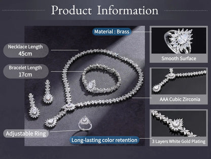 Trendy 4 Piece Water Drop Necklace Earrings Ring Bracelet Wedding Jewelry Set For Women Zircon Crystal Dubai Bridal Gift