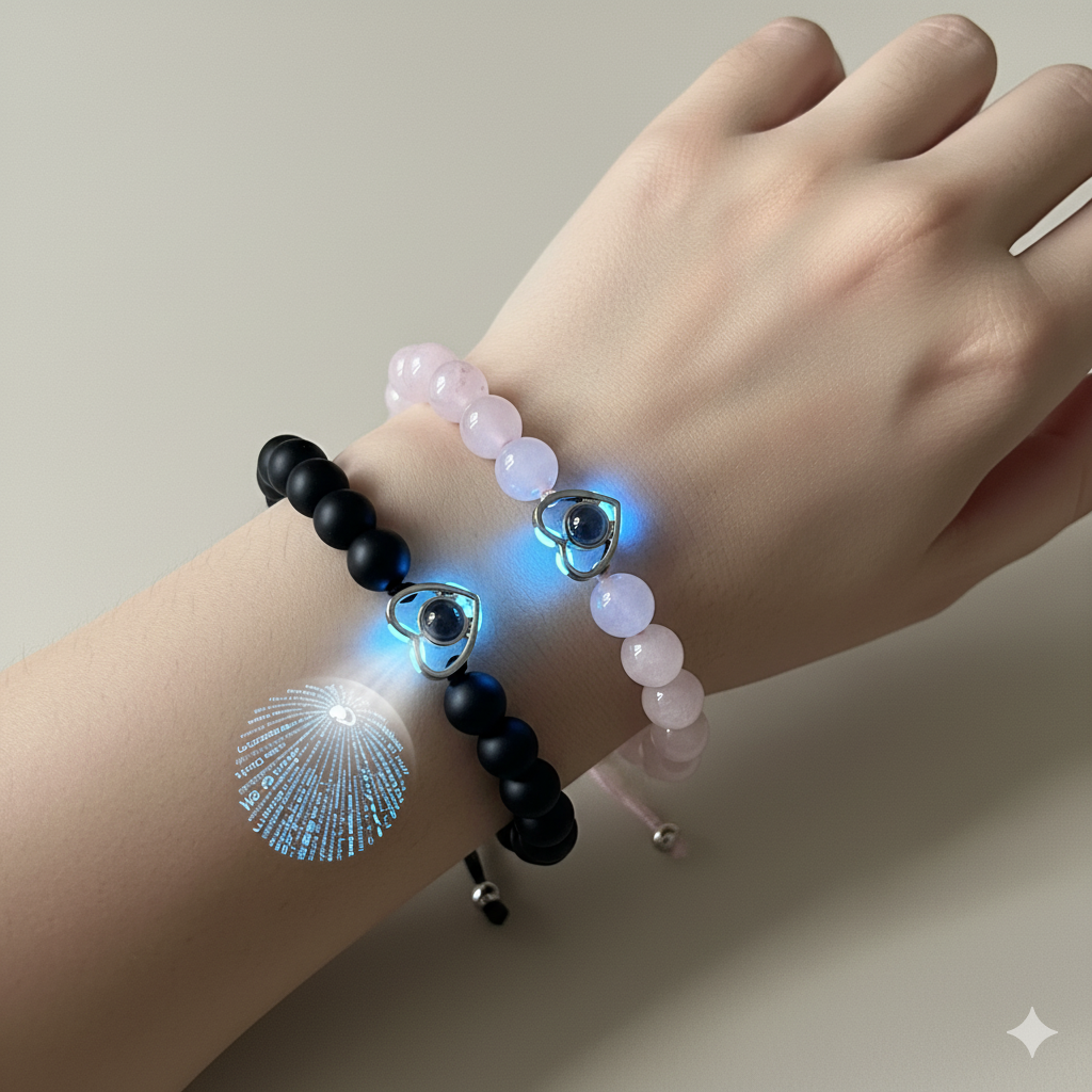 Couples Silver Black Heart Projection Beaded Rope Bracelet