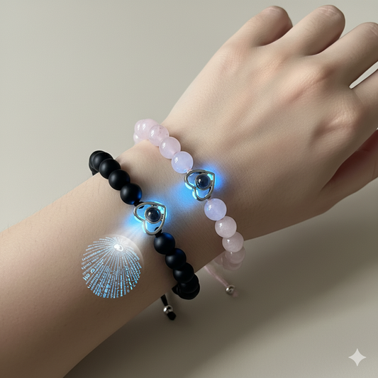 Couples Silver Black Heart Projection Beaded Rope Bracelet