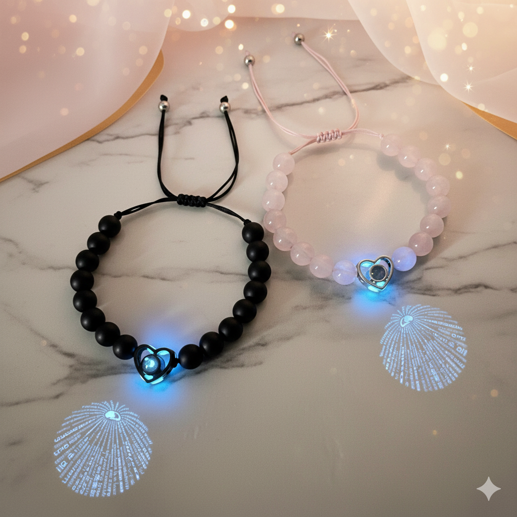 Couples Silver Black Heart Projection Beaded Rope Bracelet