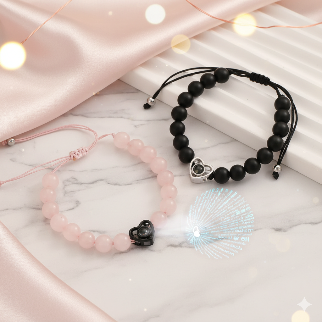 Couples Silver Black Heart Projection Beaded Rope Bracelet