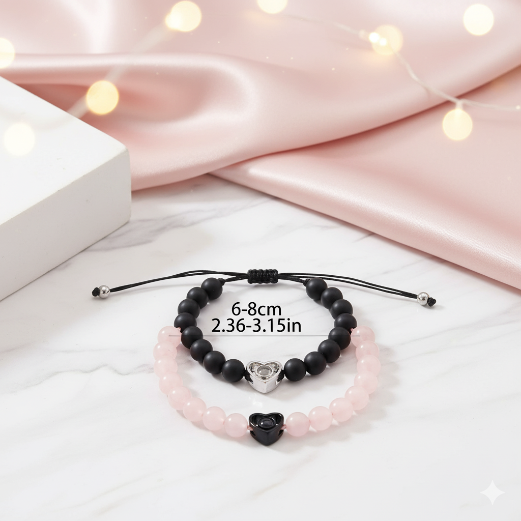 Couples Silver Black Heart Projection Beaded Rope Bracelet