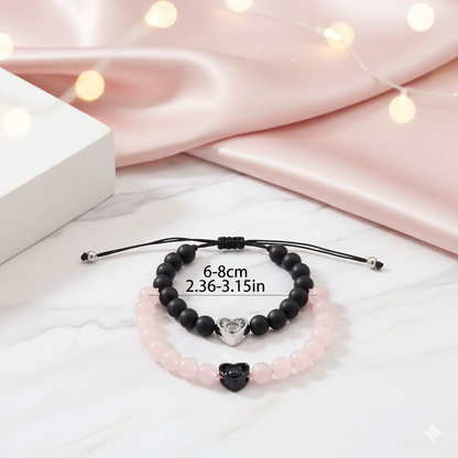 Couples Silver Black Heart Projection Beaded Rope Bracelet
