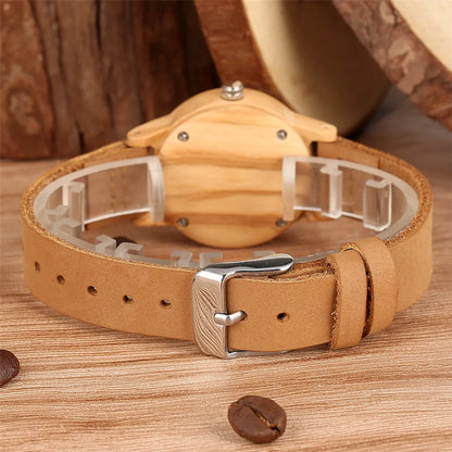 Brown Leather Wooden Watch Elegant Womens Quartz Timepiece
