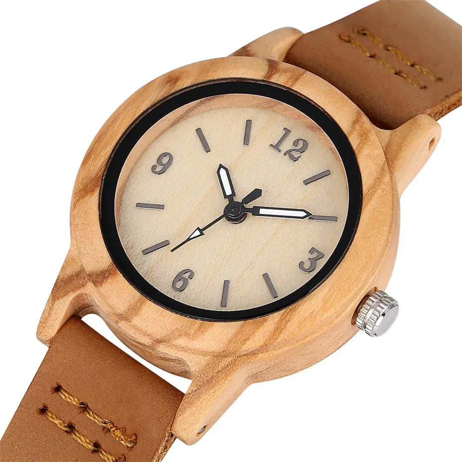 Brown Leather Wooden Watch Elegant Womens Quartz Timepiece