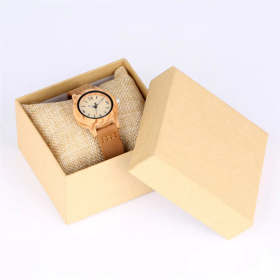 Brown Leather Wooden Watch Elegant Womens Quartz Timepiece