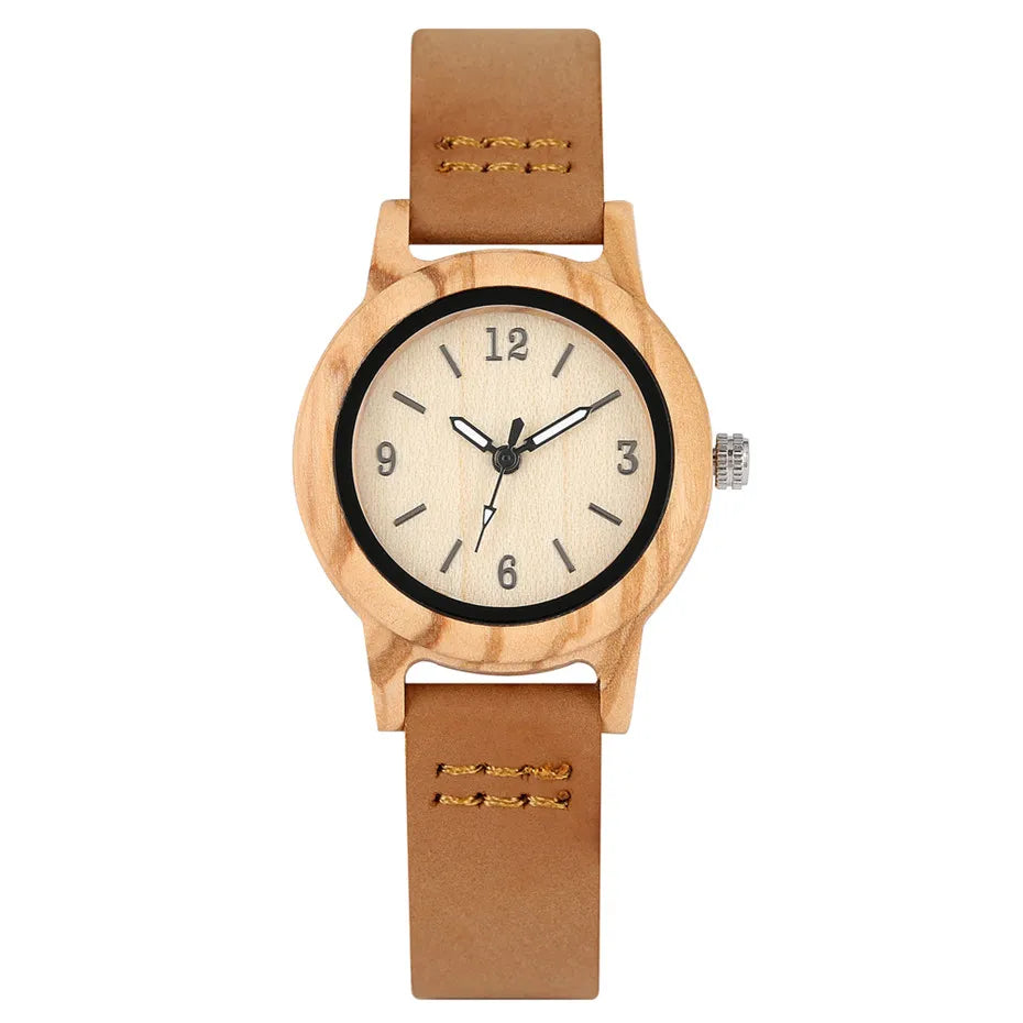 Brown Leather Wooden Watch Elegant Womens Quartz Timepiece