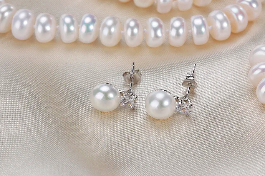 Dainashi 925 Sterling Silver Pearl Jewelry Set For Women Necklace Earrings Ring Bracelet 7 To 8mm Freshwater White