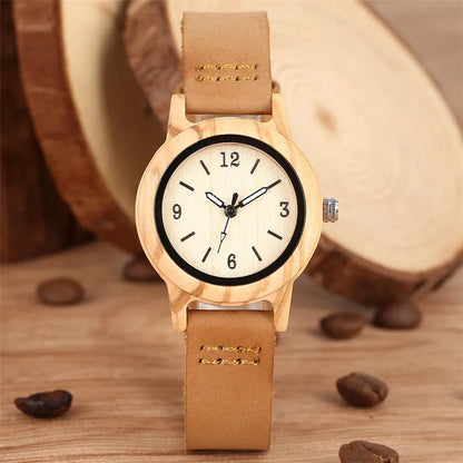 Brown Leather Wooden Watch Elegant Womens Quartz Timepiece