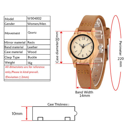 Brown Leather Wooden Watch Elegant Womens Quartz Timepiece