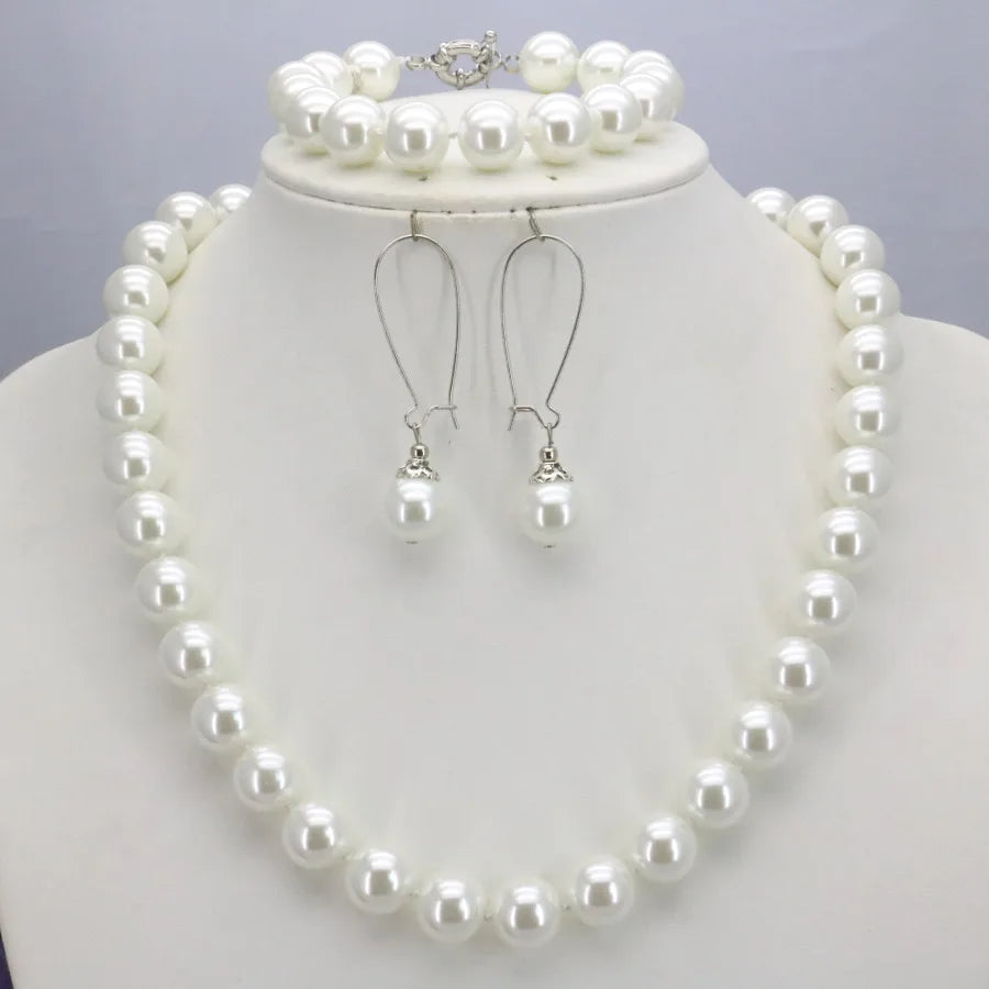 Pearl Necklace Set For Women 10mm White Round Shell Pearl Beads Necklace Bracelet Earrings Jewelry Gift Mothers Day