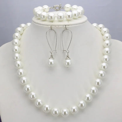 Pearl Necklace Set For Women 10mm White Round Shell Pearl Beads Necklace Bracelet Earrings Jewelry Gift Mothers Day