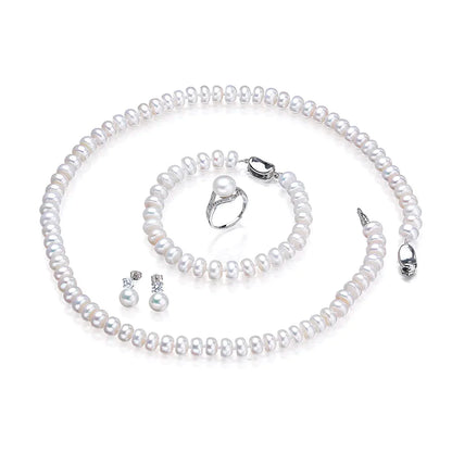 Dainashi 925 Sterling Silver Pearl Jewelry Set For Women Necklace Earrings Ring Bracelet 7 To 8mm Freshwater White
